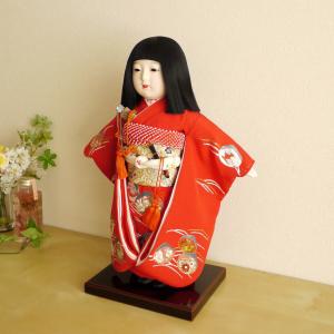 市松人形 元賀章介 10号尺 正絹手刺繍 おしどり 赤色 手塗本漆台 増村