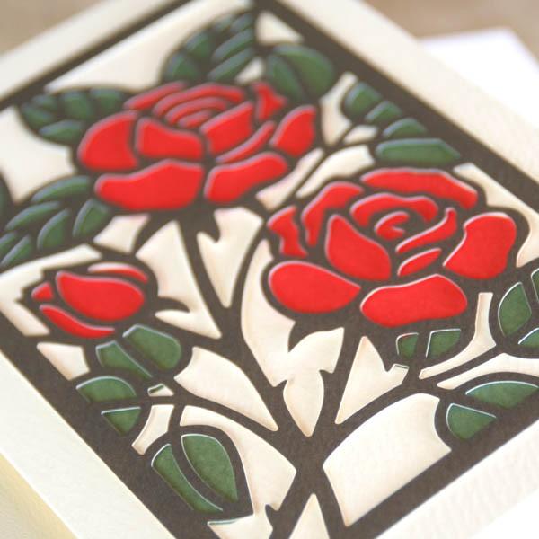 和風多目的アートカード「バラ」竹内一永切り絵「真紅の薔薇