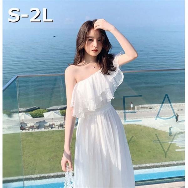 白ワンピース 大人可愛い 夏 フリル ロング丈 夏ワンピ 4WAY オフ