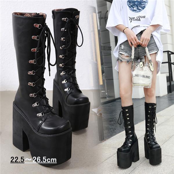 編み上げブーツ ロングブーツ 靴 超厚底 ヒール17cm 春秋 ブラック 黒