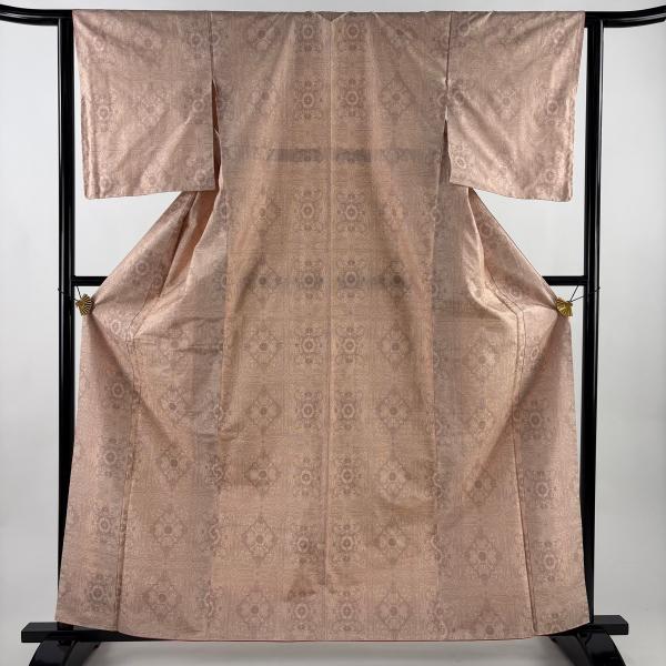 美品 大島紬 身丈161.5cm 裄丈62cm S 袷 都喜ヱ門 草花 ピンクベージュ