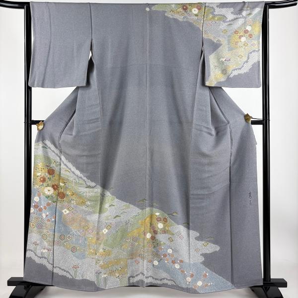 訪問着 身丈160cm 裄丈64cm M 袷 松井青々 落款あり 菊 松竹梅 金糸