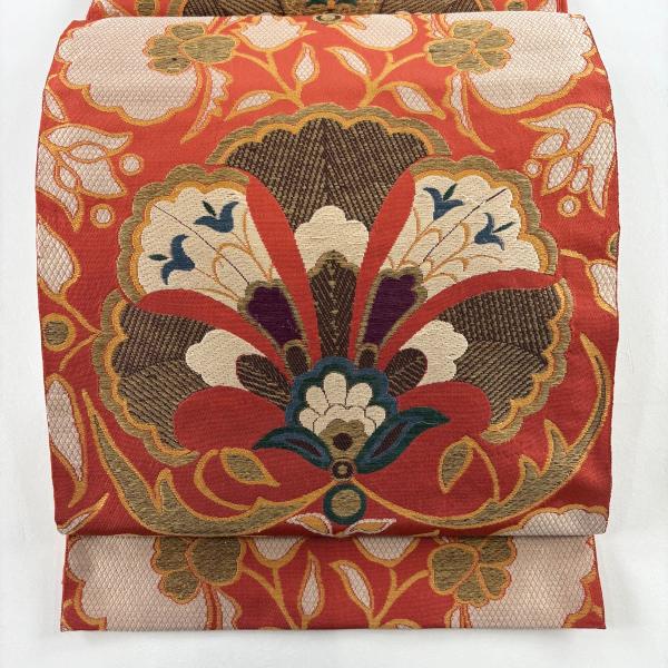 袋帯 逸品 洛風林 落款あり 草花 金糸 刺繍 朱色 全通 正絹 中古 在庫