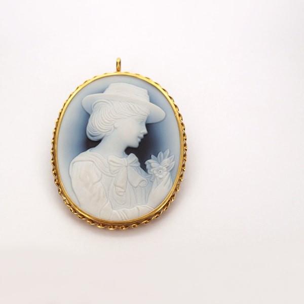 限定1点】 K18 イエローゴールド メノウ カメオ ブローチ ペンダント