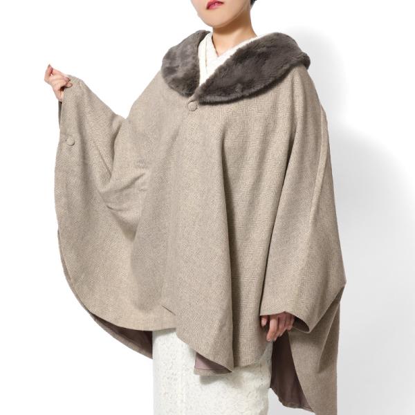 ケープ コート JAPAN MODE ヘリンボーン ベージュ ファー ポンチョ 冬