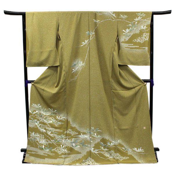 正絹訪問着 未仕立て 仮絵羽 からし茶色あられ地にヱ霞に松模様 : 京都