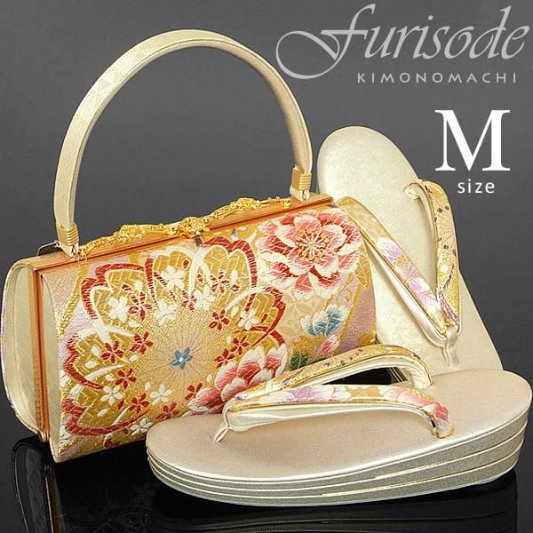 振袖 草履 バッグ 厚底 成人式 「ゴールド×ピンク 桜 草履Mサイズ（三