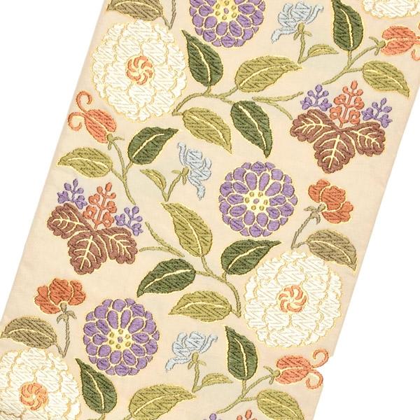 Prices down2）唐織袋帯「生成り色地 菊唐草」錦工芸謹製 六通柄 日本