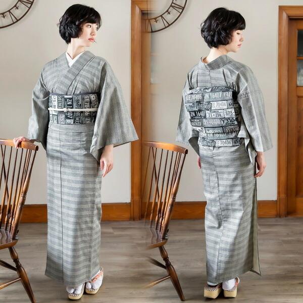 KIMONOMACHI 洗える着物 木綿着物と木綿名古屋帯の2点セット 「グレー