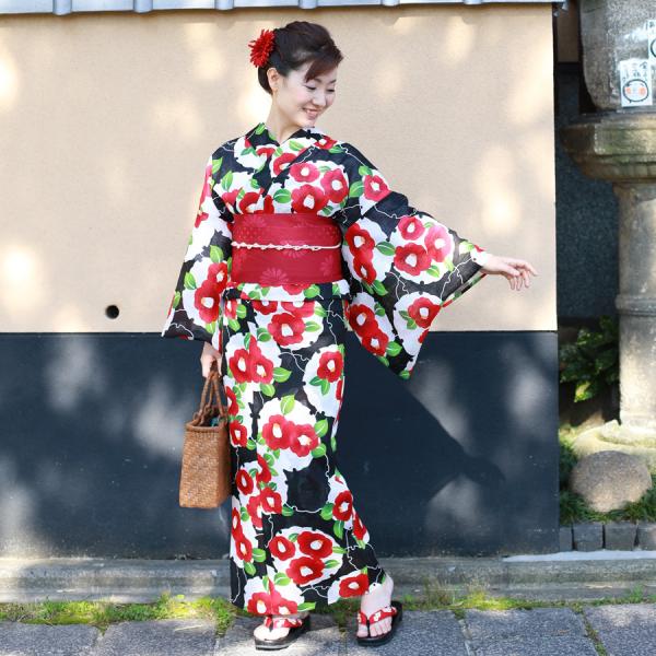 レディース 浴衣 単品 綿麻【27】麻混 高級 ゆかた 黒系 ブラック系 椿