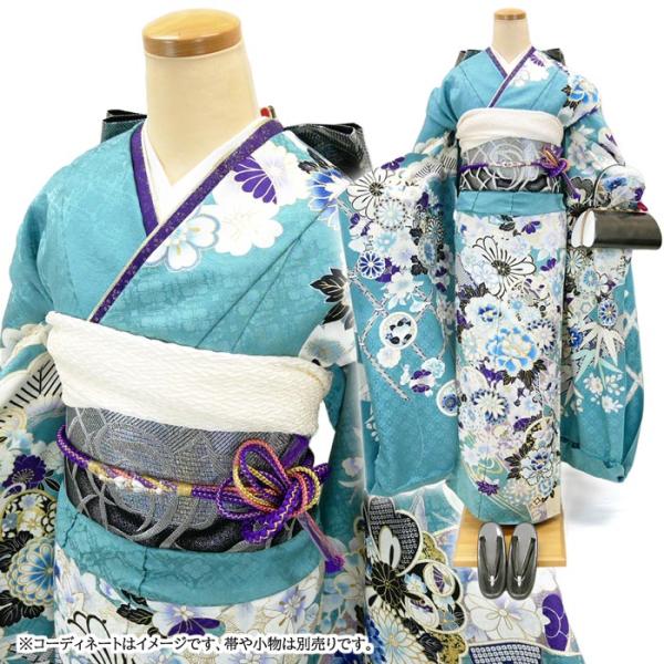 仕立て付き 正絹 振袖 古典柄 ターコイズブルー 霞草色 f-640-t 新品