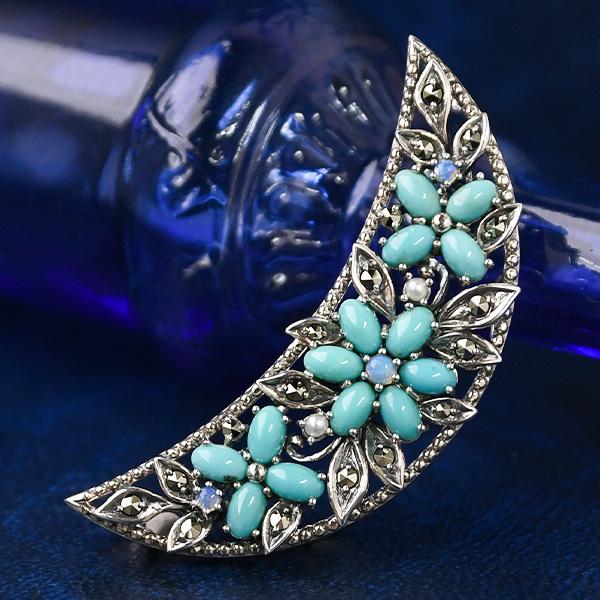 碌山 ターコイズ オパール 三日月 フラワー ブローチ ネックレストップ