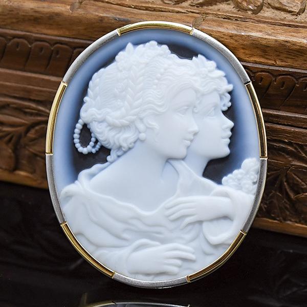 青メノウ カメオ ブローチペンダント K18YG Pt900 緻密な彫刻が美しい