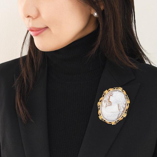 シェル カメオ ブローチペンダント K18YG 緻密な彫刻が美しい