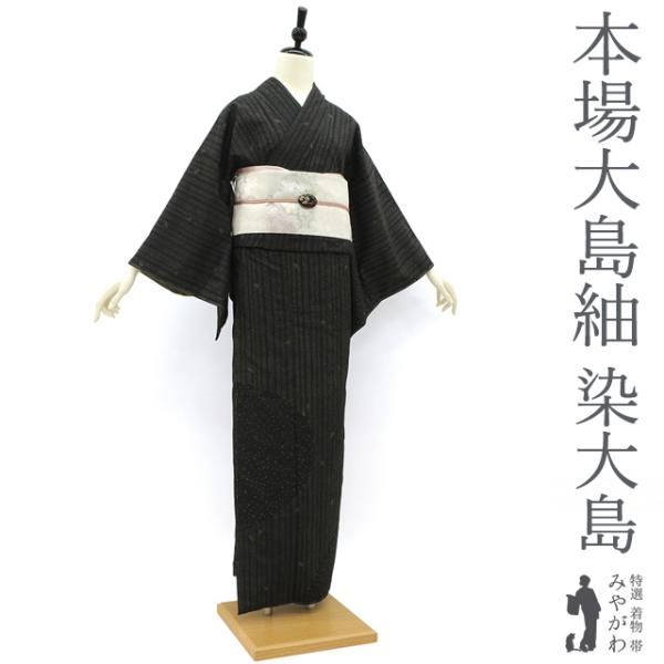 本場大島紬 訪問着 着物 正絹 袷 染大島 黒 縞 桜の花びら カジュアル