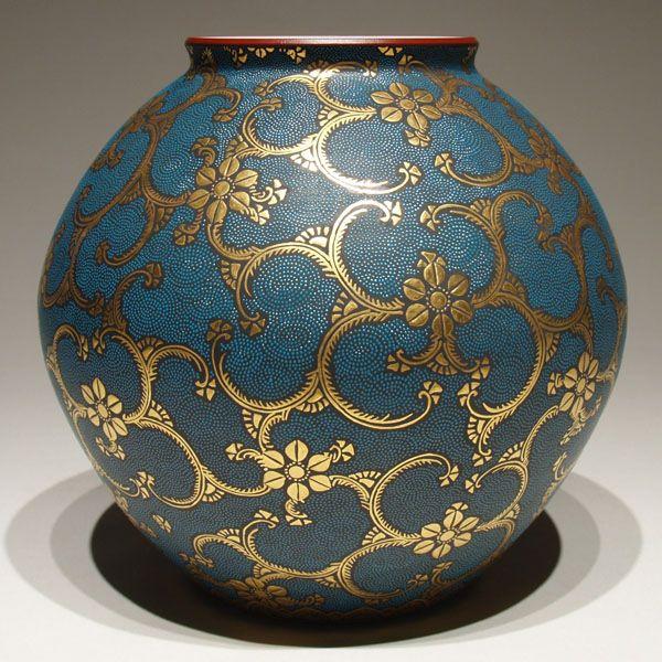 九谷焼 仲田錦玉 7号花瓶 渦打青粒鉄仙 桐箱付 : 九谷焼 STYLeNCE