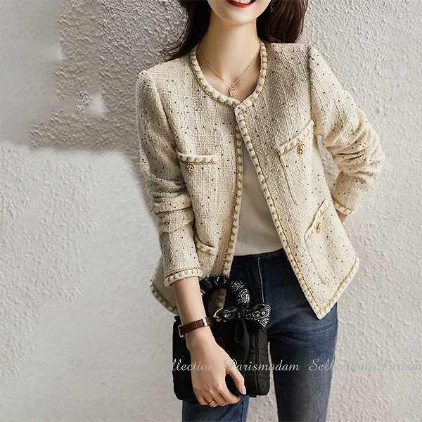 高級感ノーカラージャケット 大人上品シングルジャケット オフホワイト