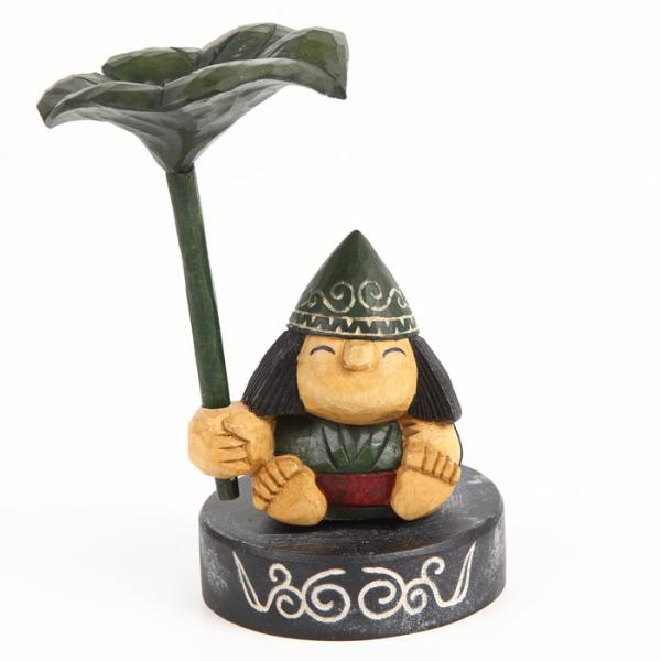 木彫り民芸品 幸せを呼ぶ小人の神さま コロポックル 台座付き 若