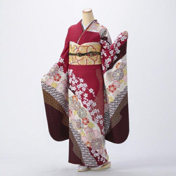 京都きもの友禅 振袖 中古 フルセット 成人式 Mサイズ 古典 赤・ワイン