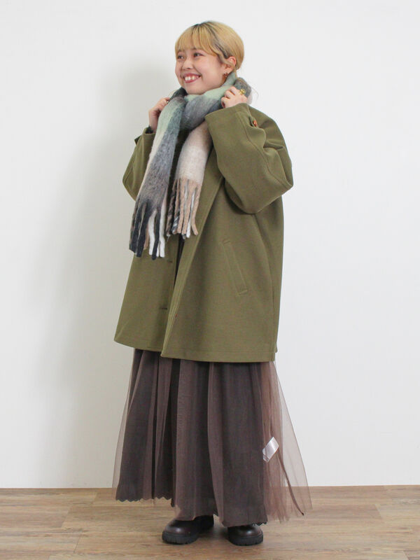 セール】 ウーリーライクミドル丈クルーネックコート（ブルー/アウター