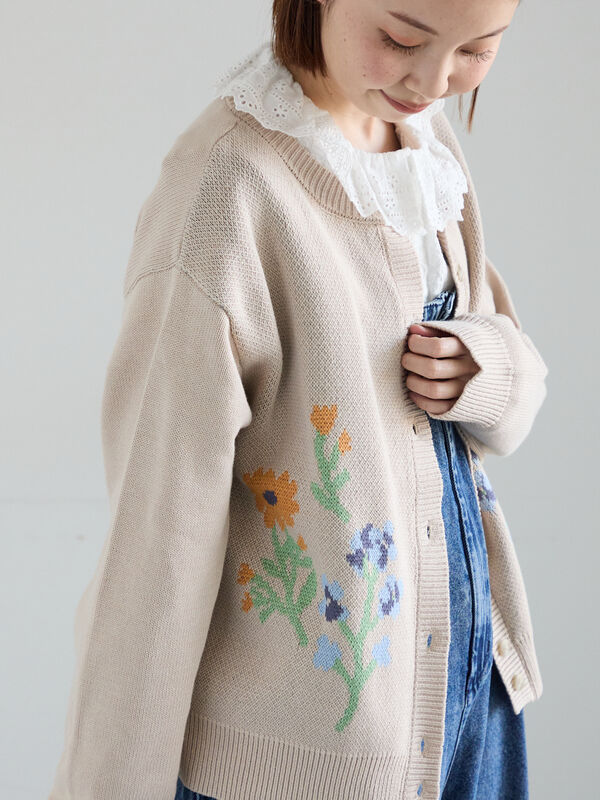 セール】 花柄ジャカードカーディガン（グレー/ベージュ/サックス
