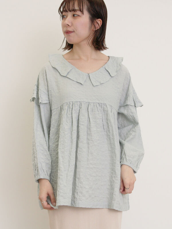 セール】 襟フリルVネックチュニック（オフホワイト/ブラック/イエロー