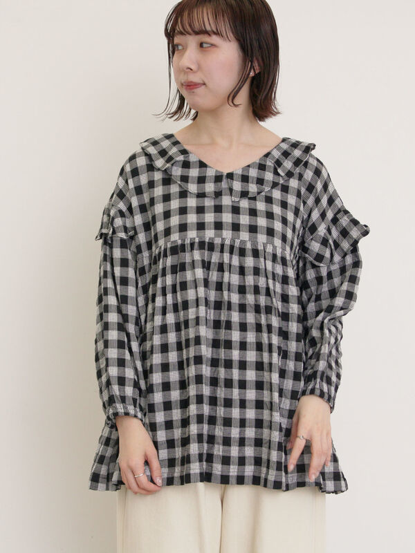 セール】 襟フリルVネックチュニック（オフホワイト/ブラック/イエロー