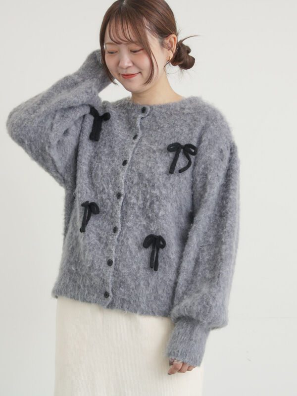 セール】 リボン付きニットカーディガン（グレー/オレンジ/キナリ