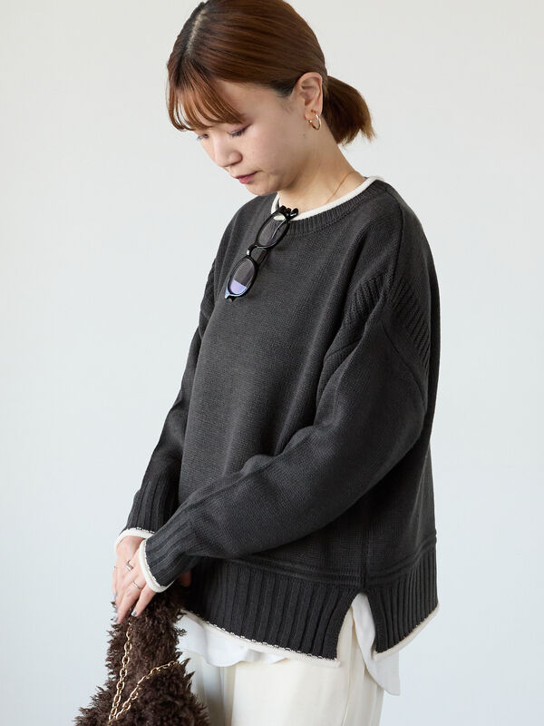 セール】 編地切替配色クルーネックニット（オフホワイト/グレー