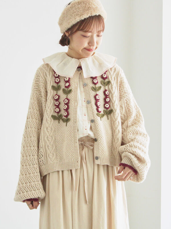 セール】 かぎ針お花モチーフ付きニットカーディガン（グレー