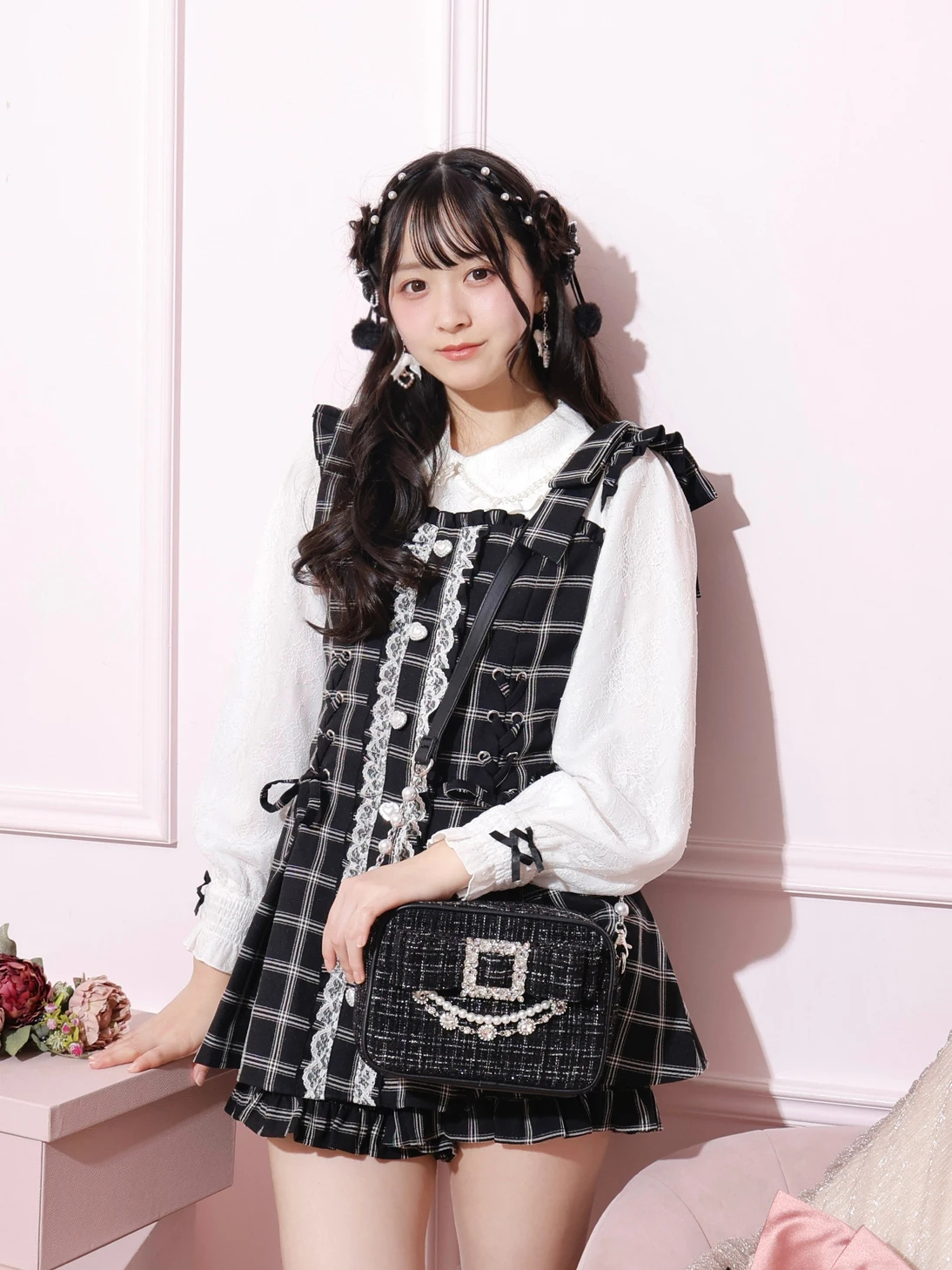 お嬢さんツイードリボンビジューショルダーバッグ（ショルダーバッグ