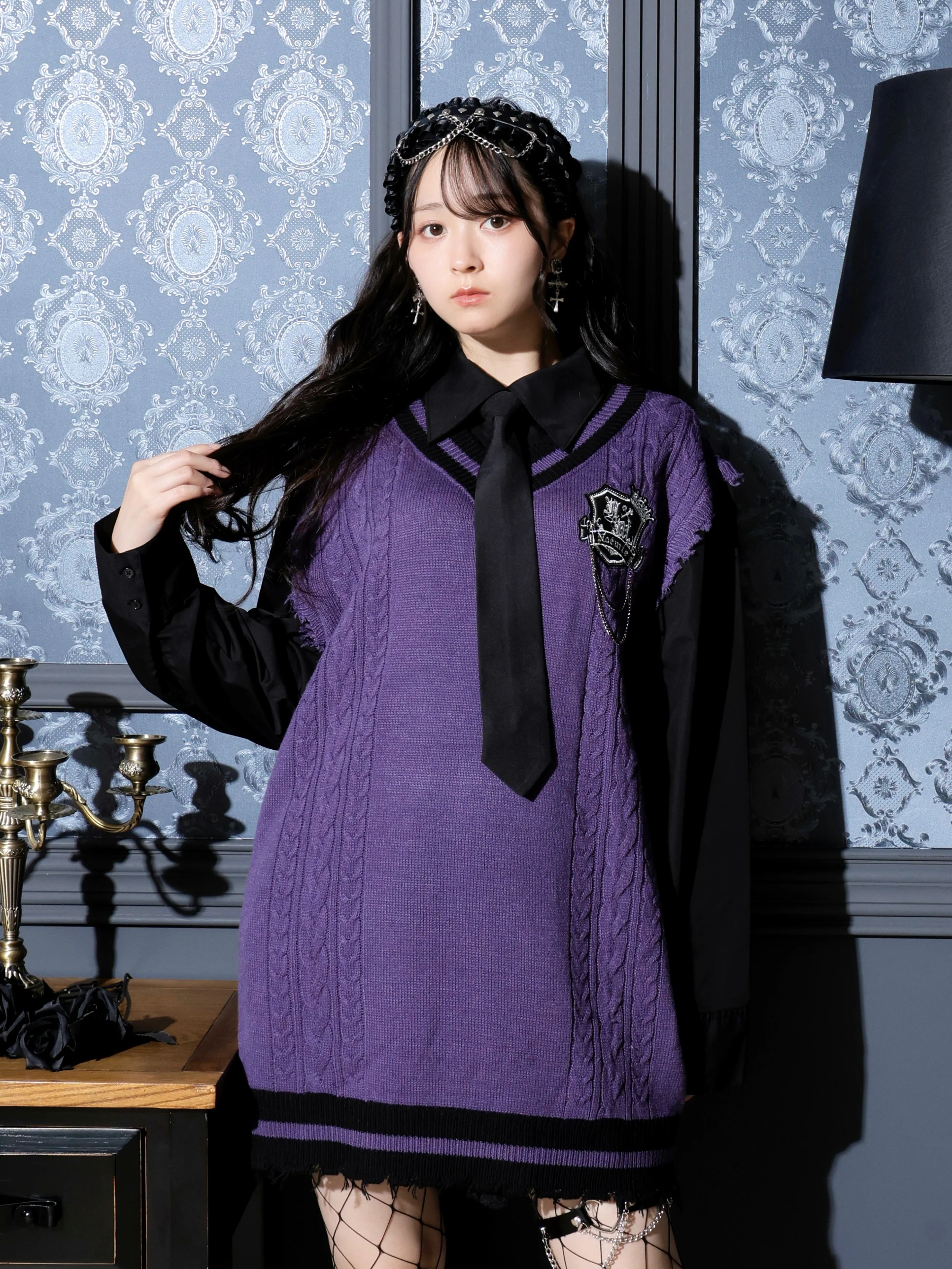 ケーブルフェイクレイヤーユニセックスニットベスト（チュニック｜オフ