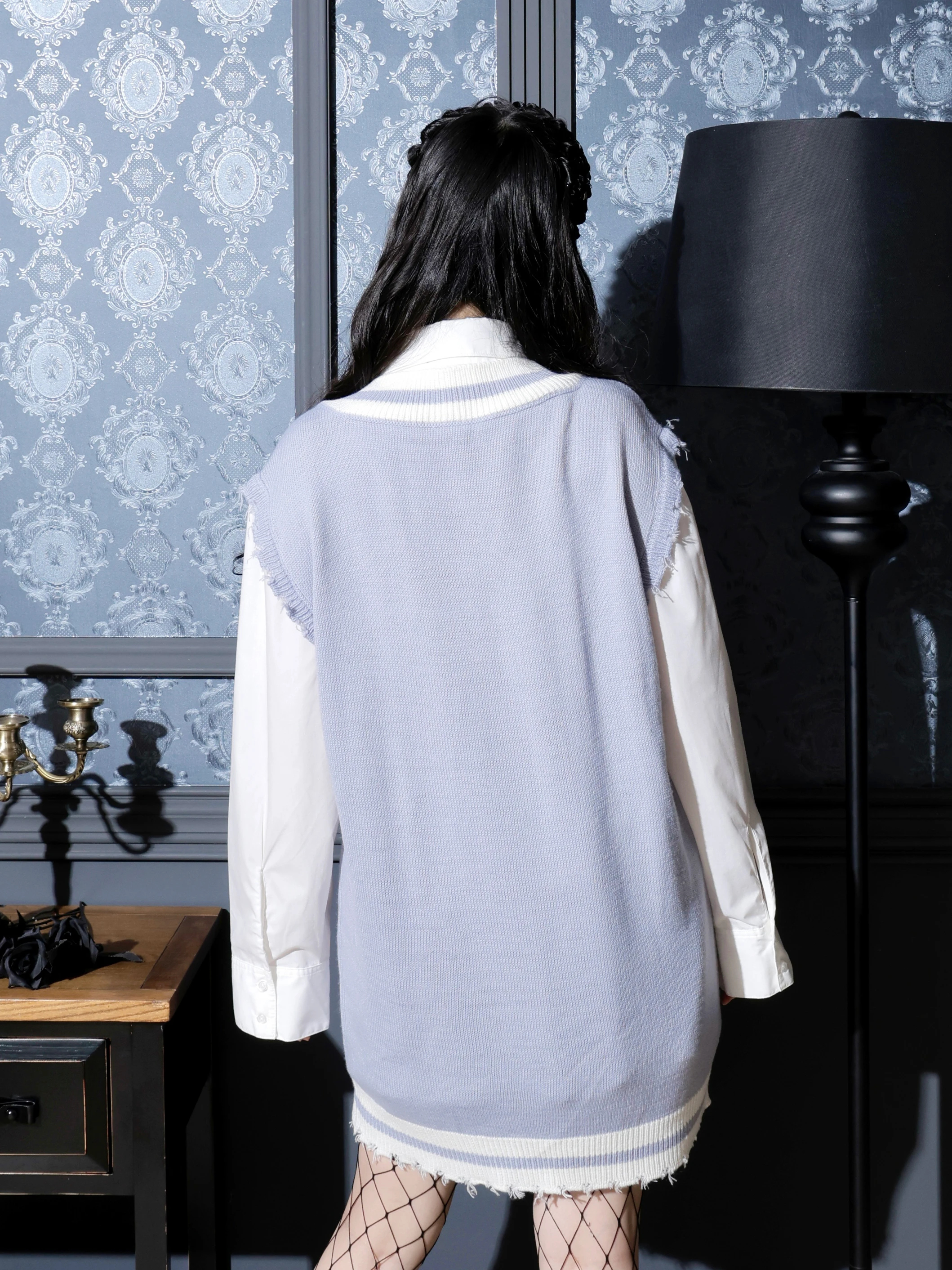 ケーブルフェイクレイヤーユニセックスニットベスト（チュニック｜オフ