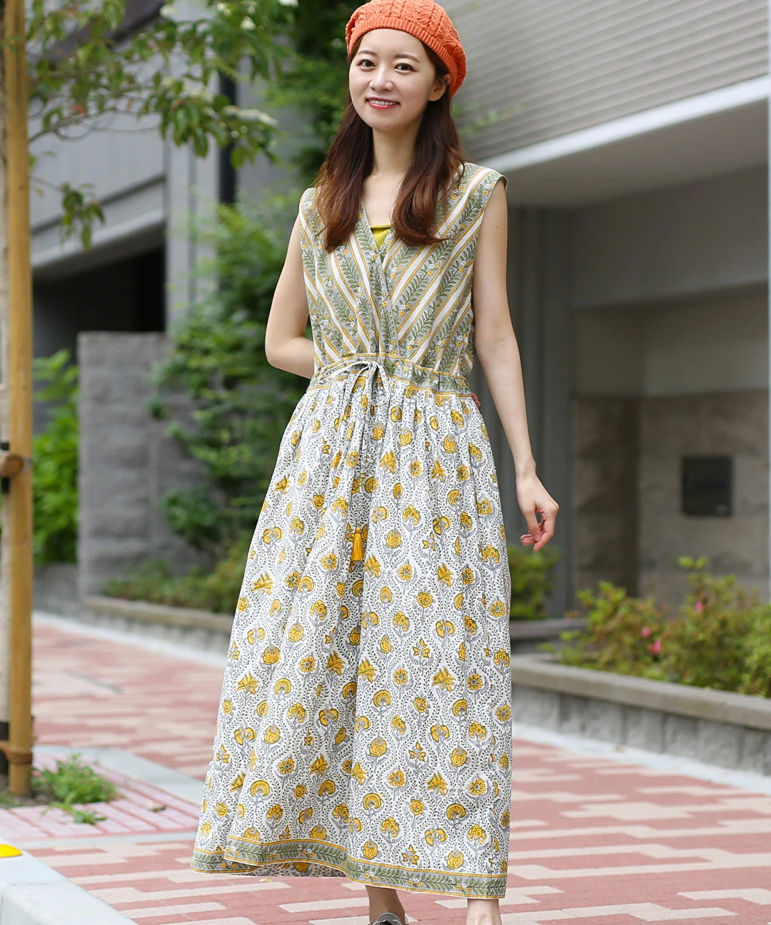 Shanti Shanti ブロックプリントディンティ ノースリーブワンピース