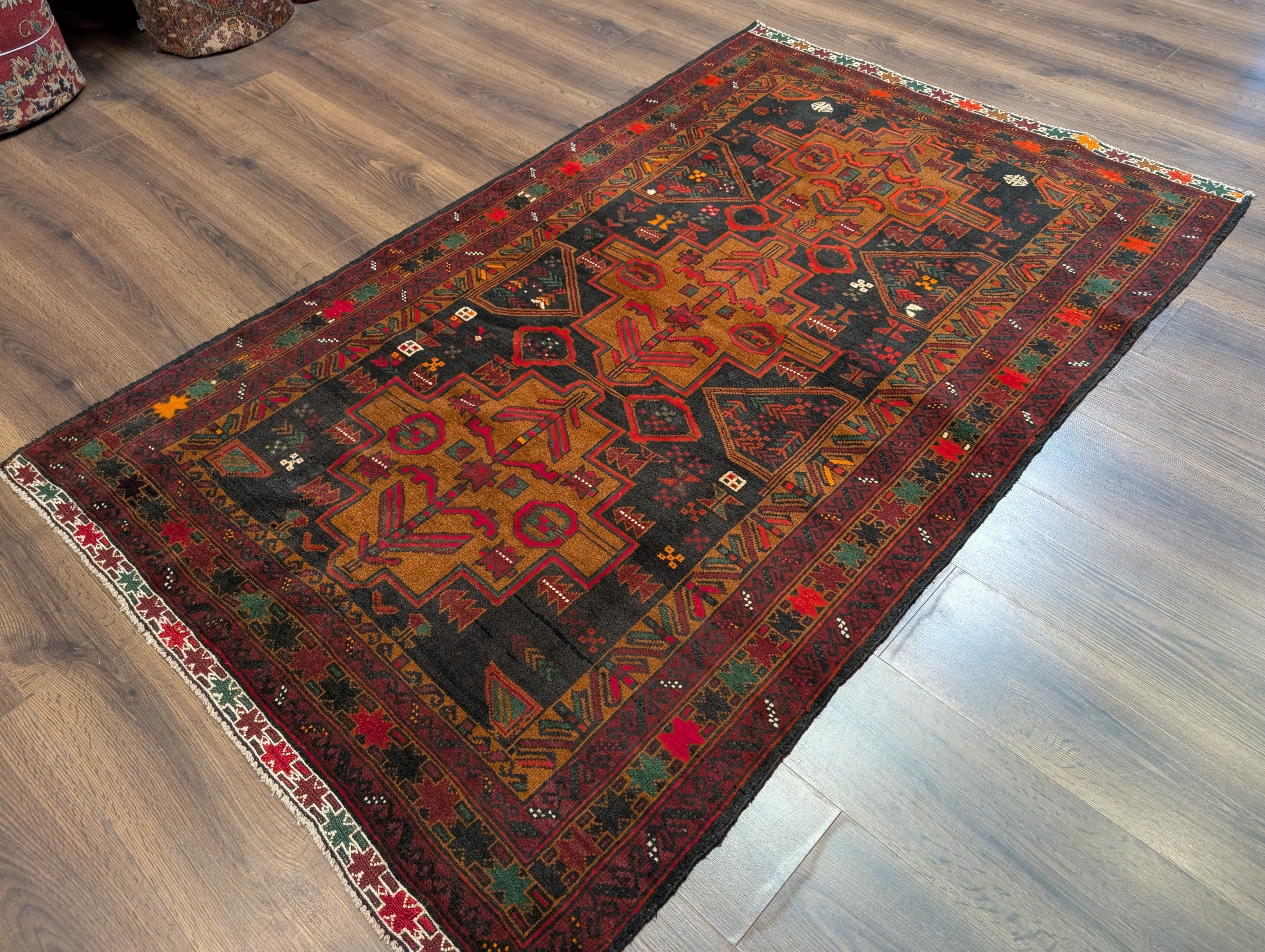 Afghan Baluch Rug 4x6, Tribal, Geometric, Unique Colors, Triple