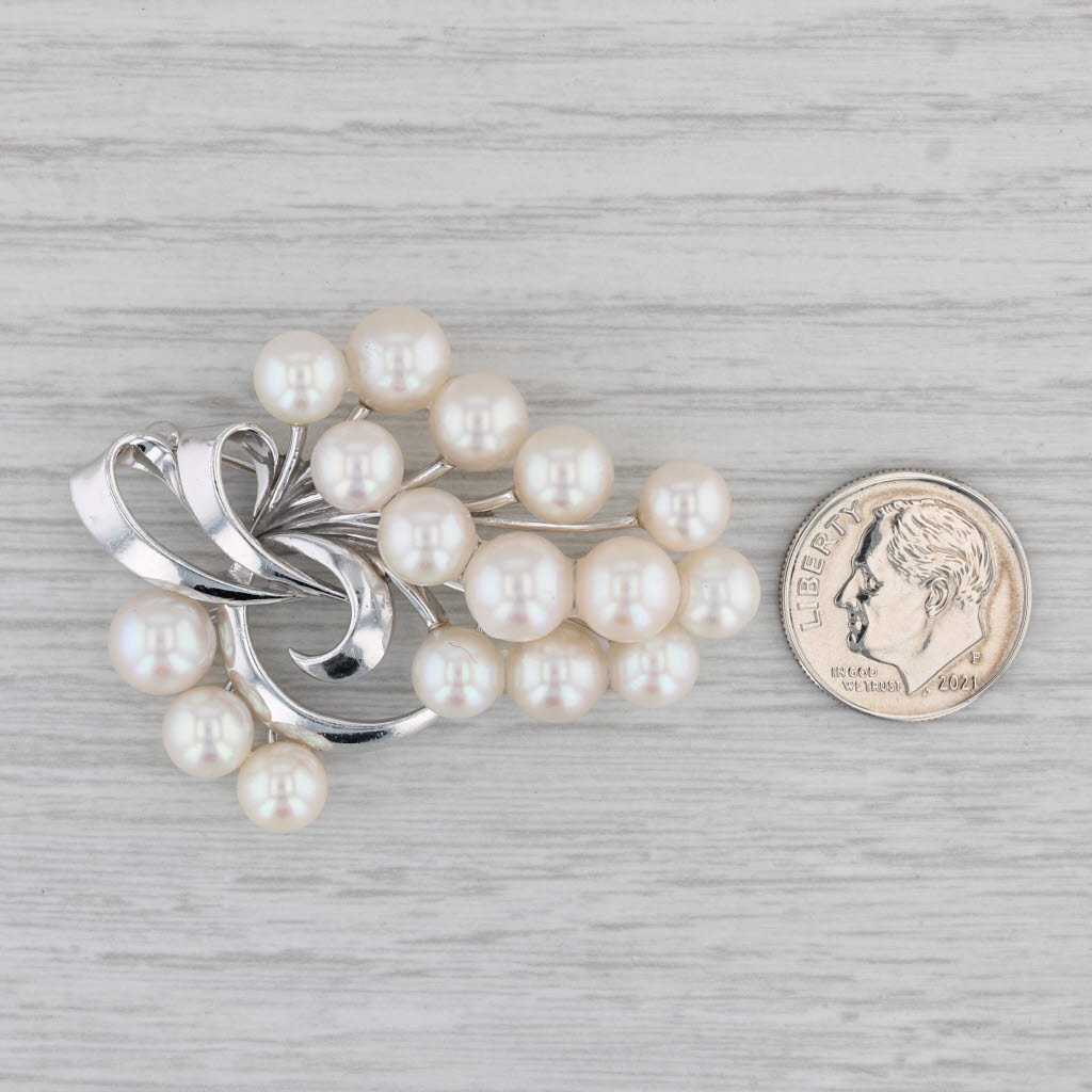Mikimoto Vintage Cultured Pearl Brooch 14k White Gold Flower Spray Sta
