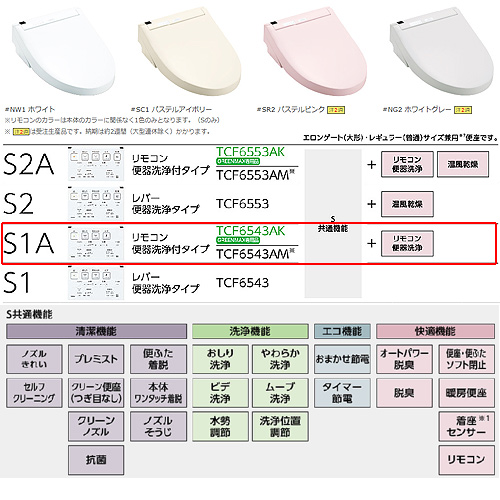 TCF6543AF#SC1｜TOTO洗浄便座 ウォシュレットS[S1A][貯湯式]
