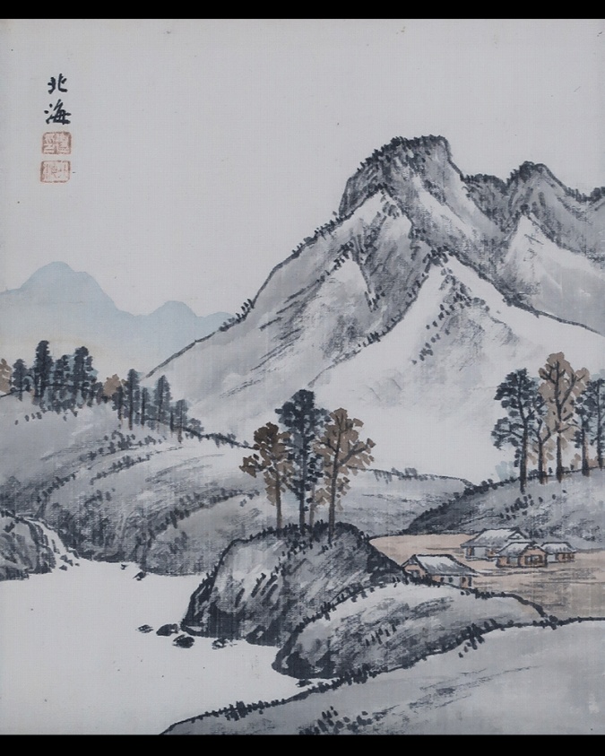 E10630 高島北海 「雪景山水」 肉筆紙本 掛軸 共箱 象牙軸先 小品 K4660