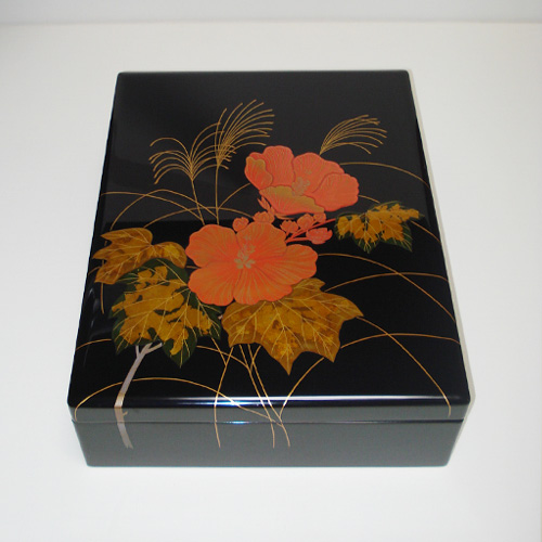 輪島塗 文箱(文庫) -芙蓉の高蒔絵仕上げ- [内外面とも黒色] 内方全面