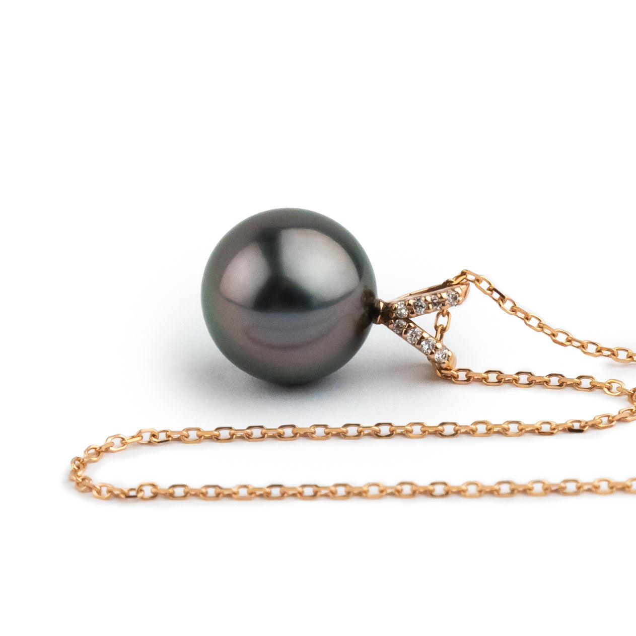 Aubergine Green Tahitian Pearl & Diamond Hoa Necklace on 14K Rose