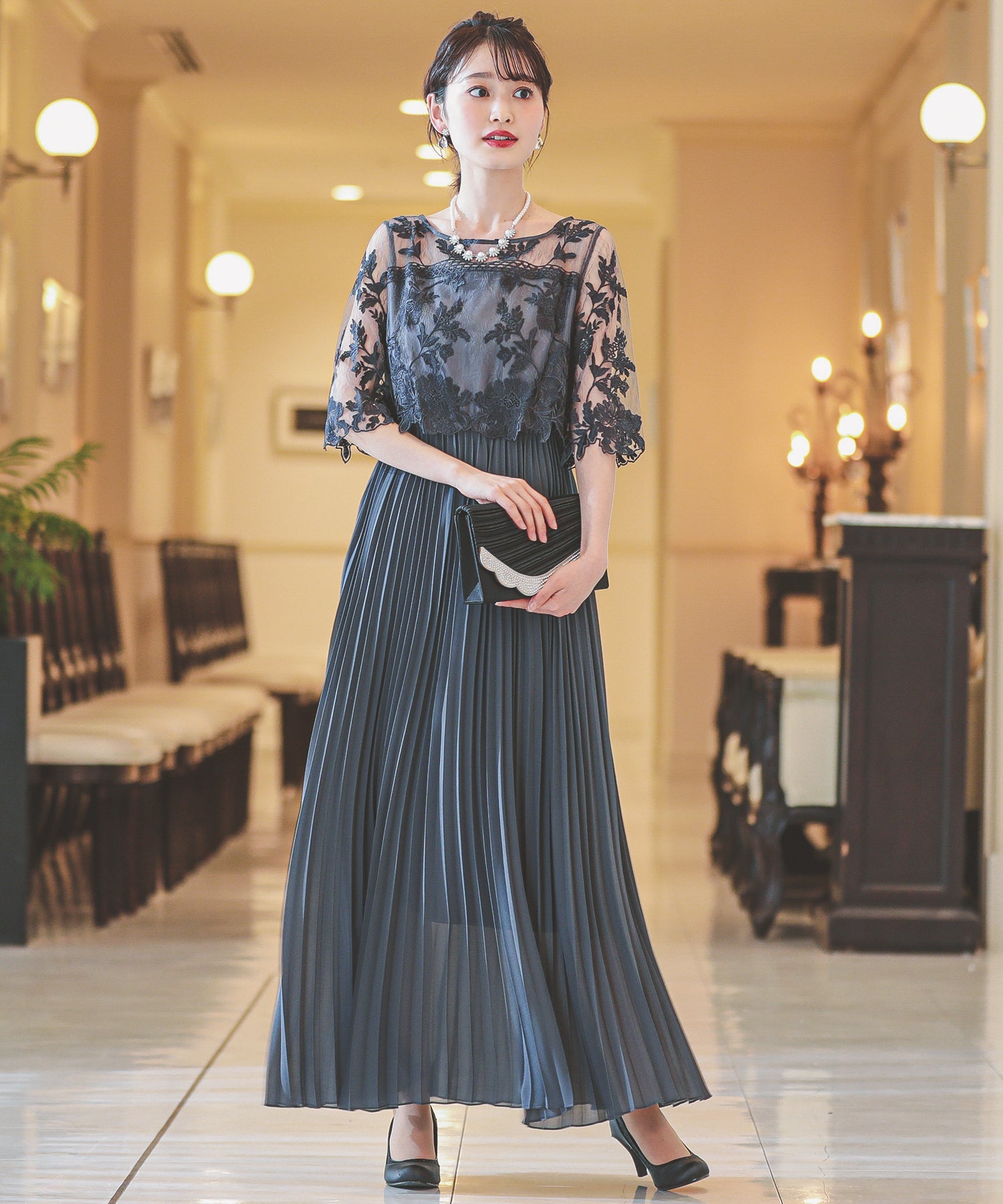 フラワー刺繍レース 切り替えプリーツロング パーティードレス