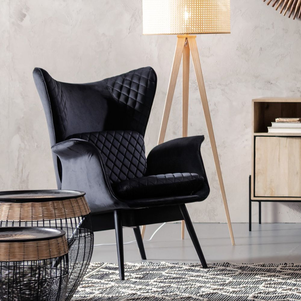 チューダー ベルベット ブラック アームチェア - 1人掛けソファー