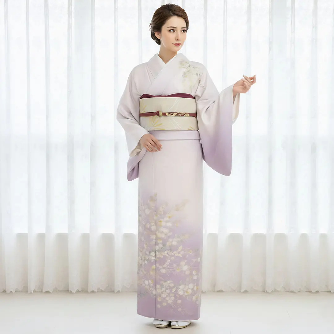 和田光正・金彩友禅】藤色のぼかしに花々の訪問着（袷） | 宅配着物