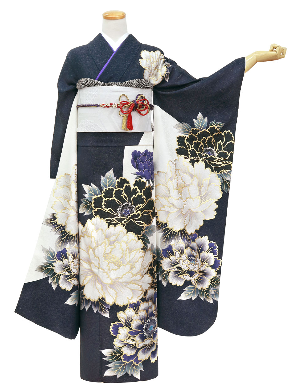 紺と白地に金糸の牡丹の振袖／標準サイズ | 宅配着物レンタルの京都か