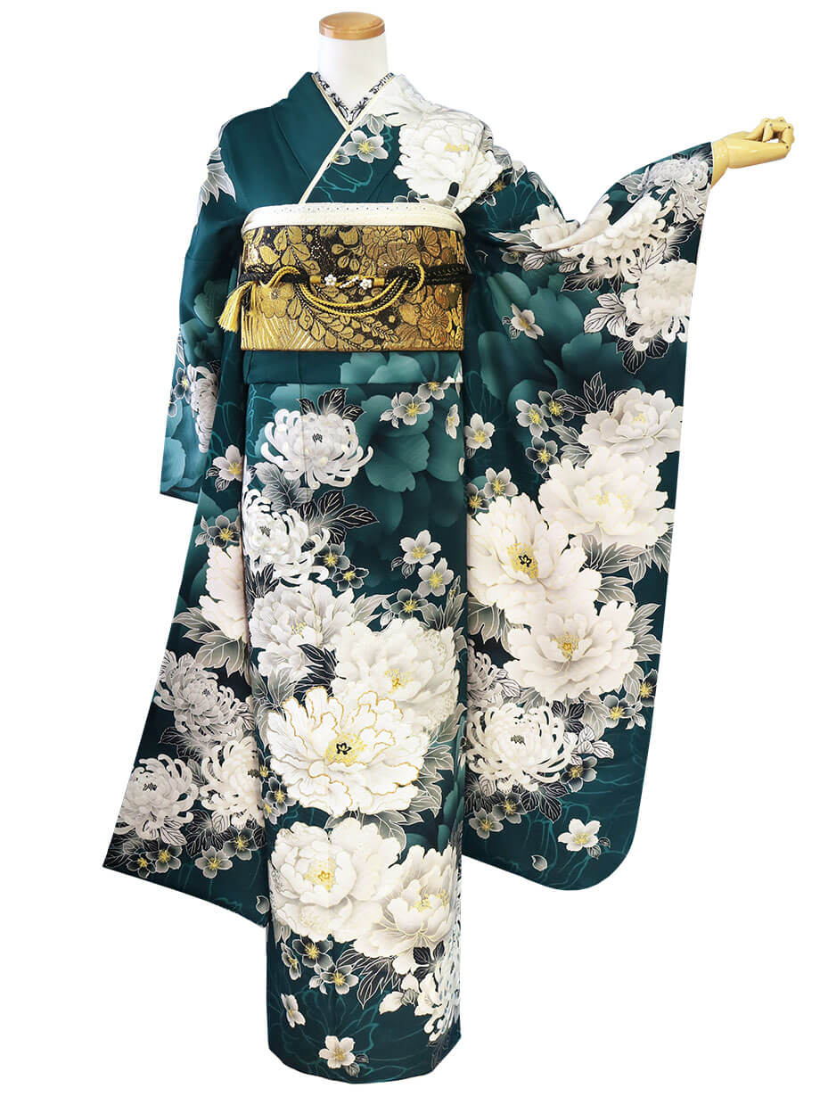 振袖レンタル／深緑地に白の大輪の牡丹と菊の振袖／標準サイズ | 宅配