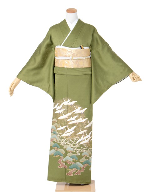 抹茶地に鶴と松の色留袖（三つ紋） | 宅配着物レンタルの京都かしきもの