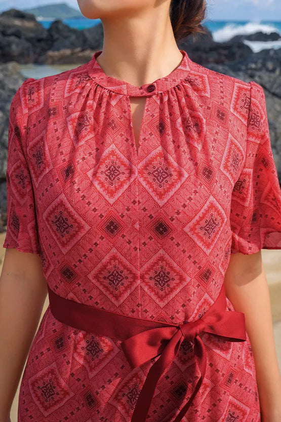 大島紬意匠 ストレッチシフォン】ひざ丈マーメイドワンピース– kay me