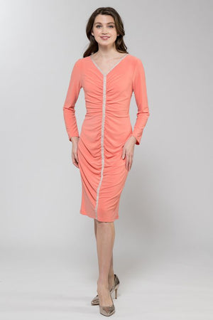 コーラルピンク Vネックギャザーワンピース– kay me