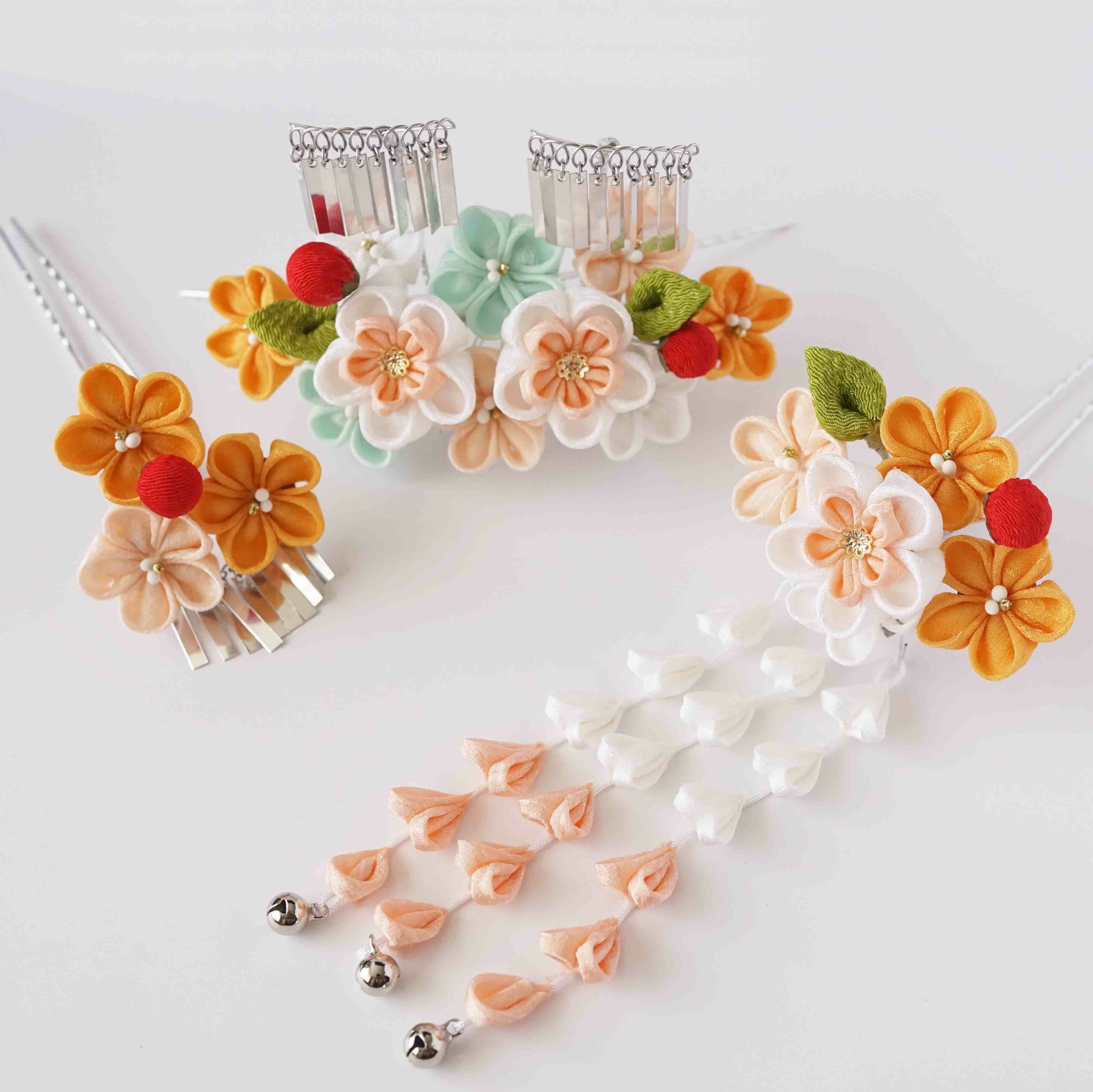 七五三髪飾り 二重梅 勝山三点セット（オレンジ） | かづら清老舗