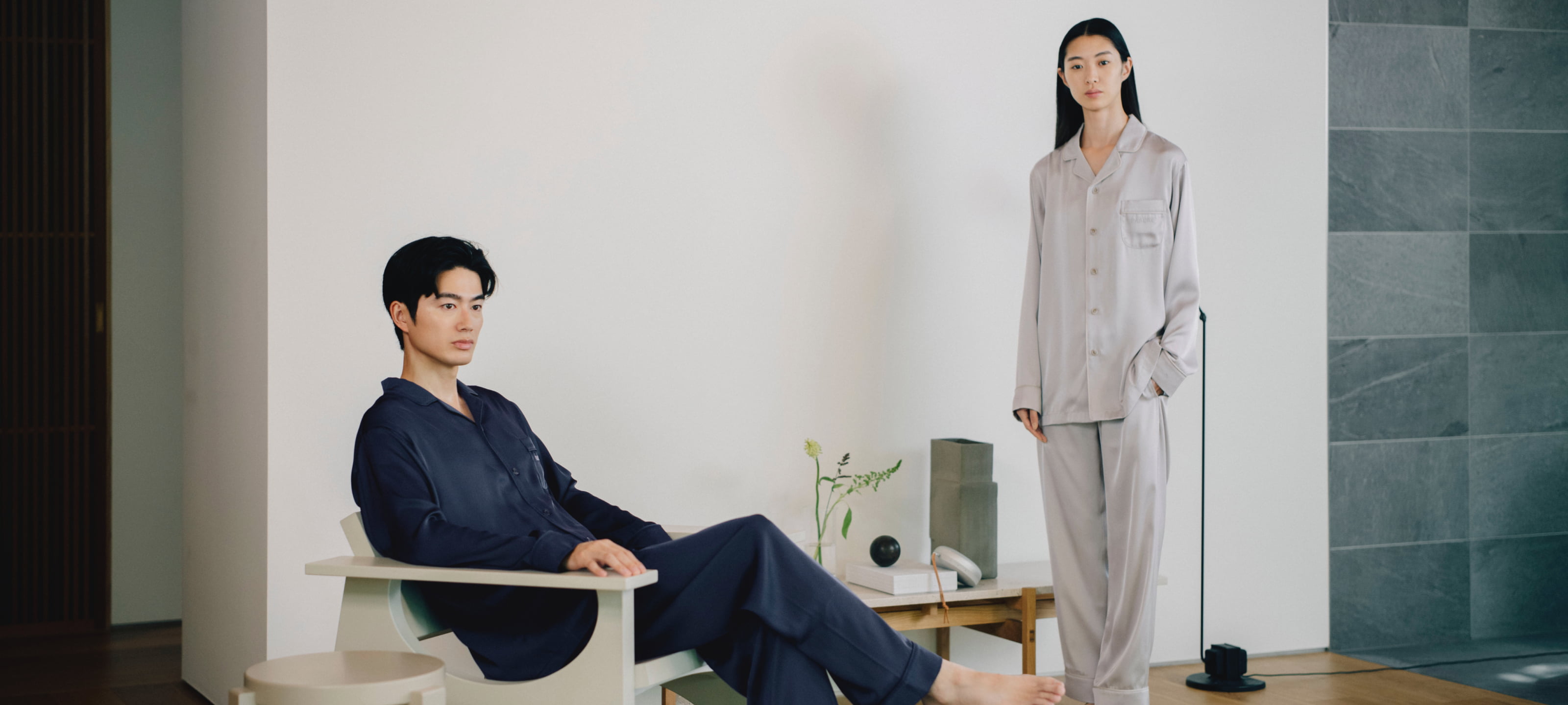 BAKUNE パジャマ サテン / 上下セット（長袖シャツ・ロングパンツ